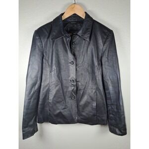 BGSD Womens Black Genuine Leather Button Front Blazer Jacket Large